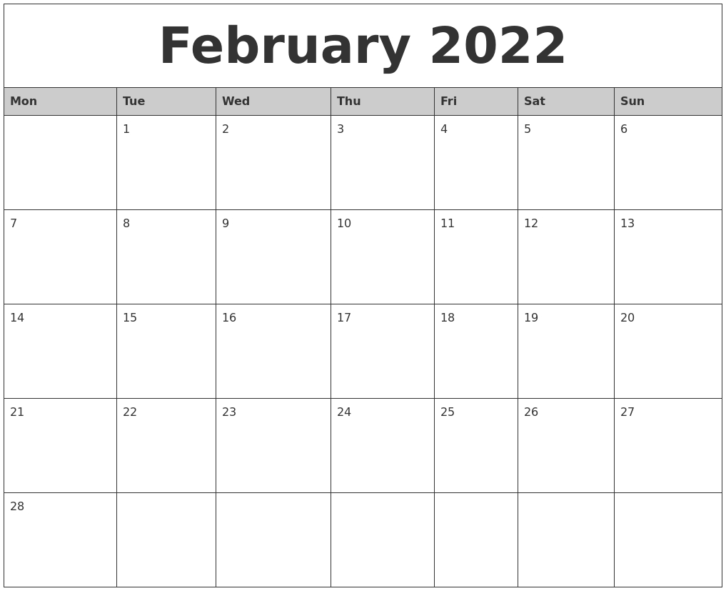 February 2022 Monthly Calendar Printable