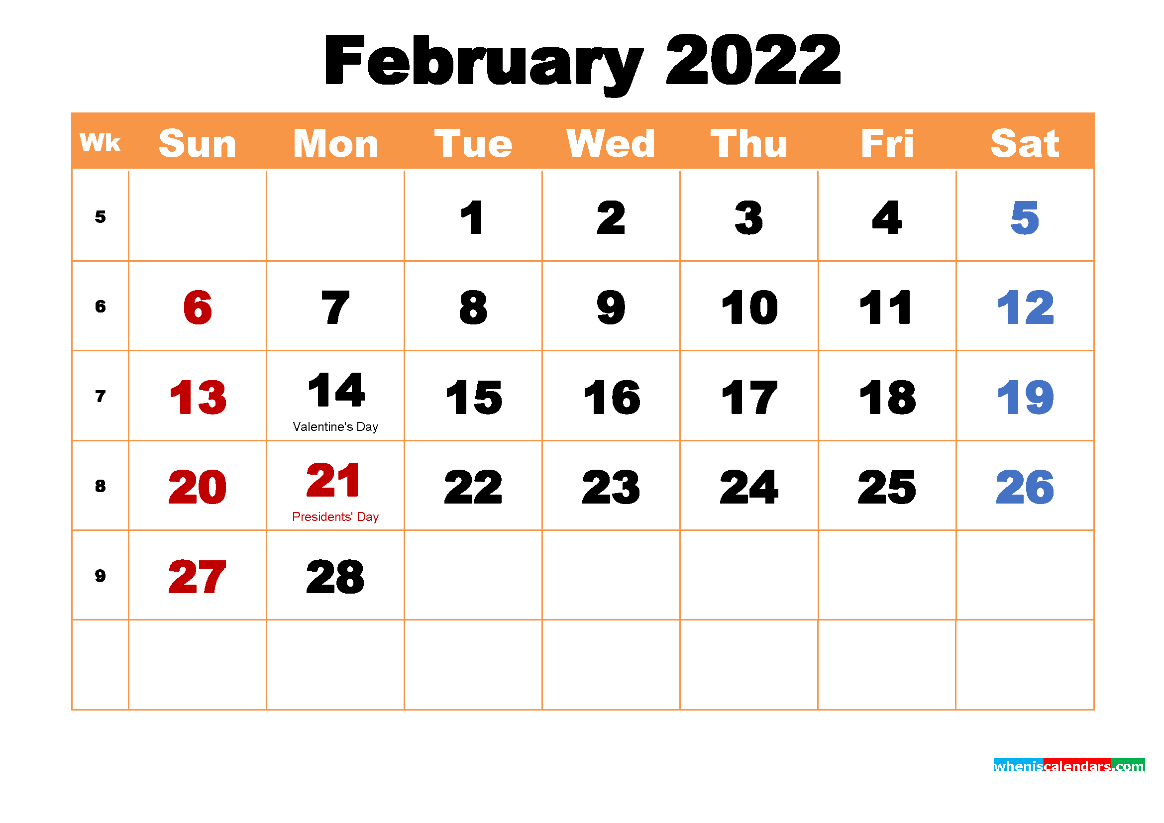 February 2022 Printable Monthly Calendar With Holidays