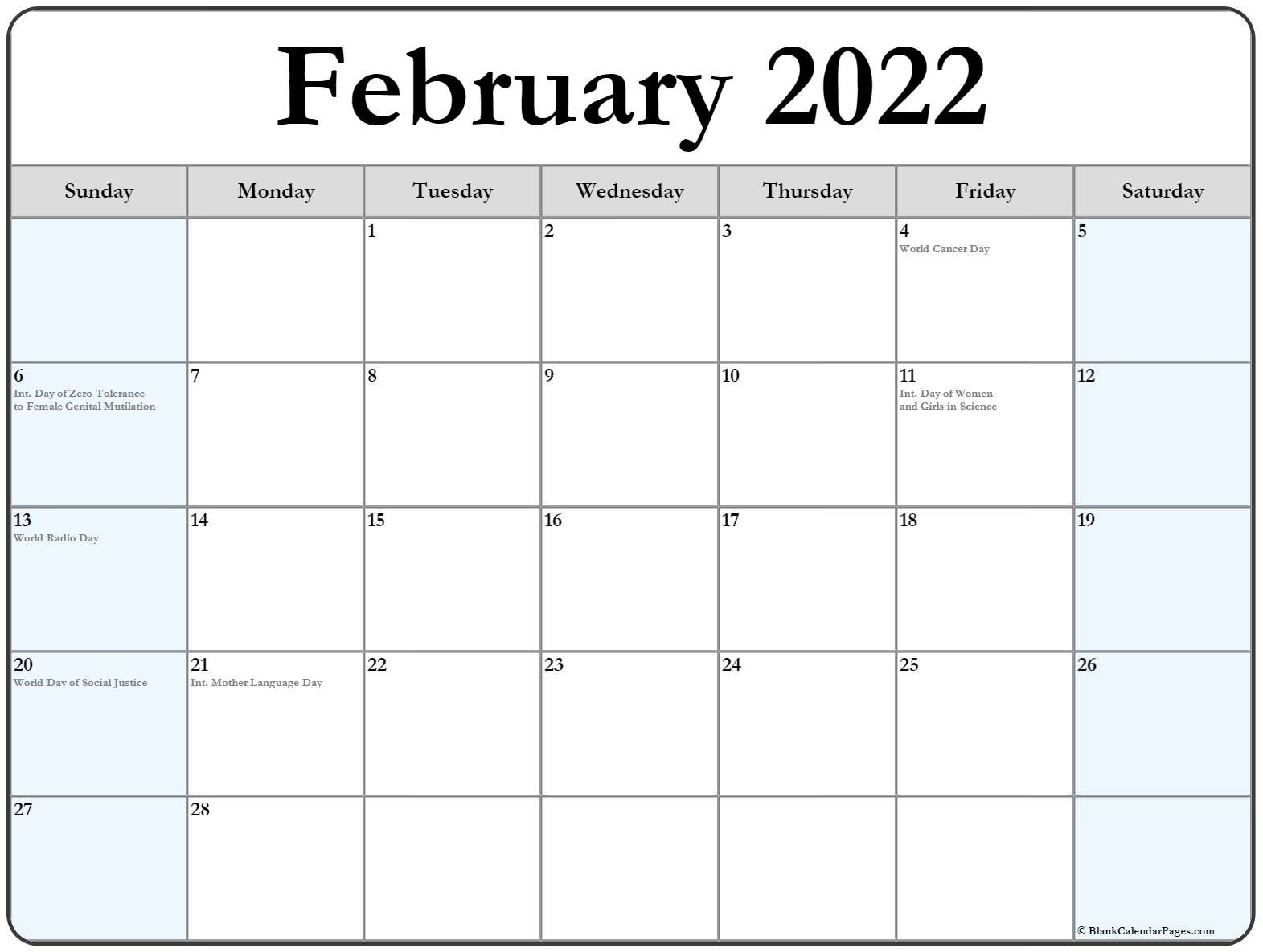 February 2022 With Holidays Calendar