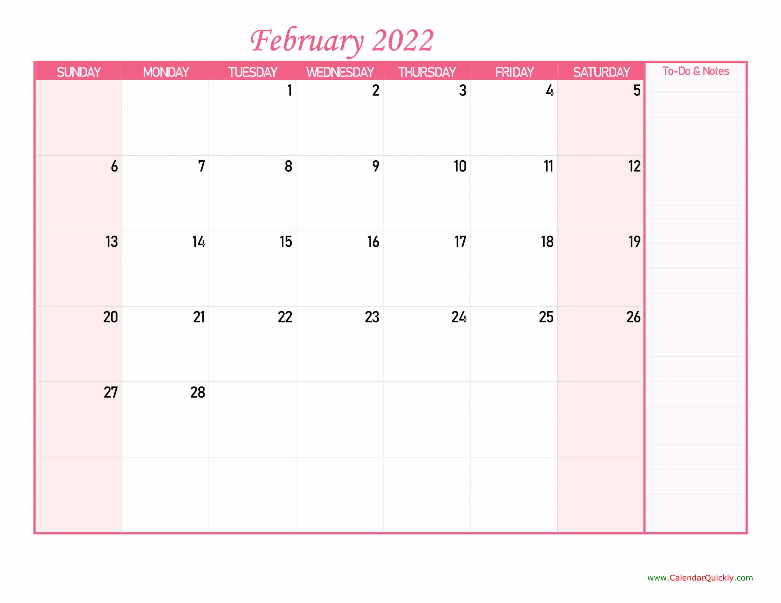 February Calendar 2022 With Notes | Calendar Quickly
