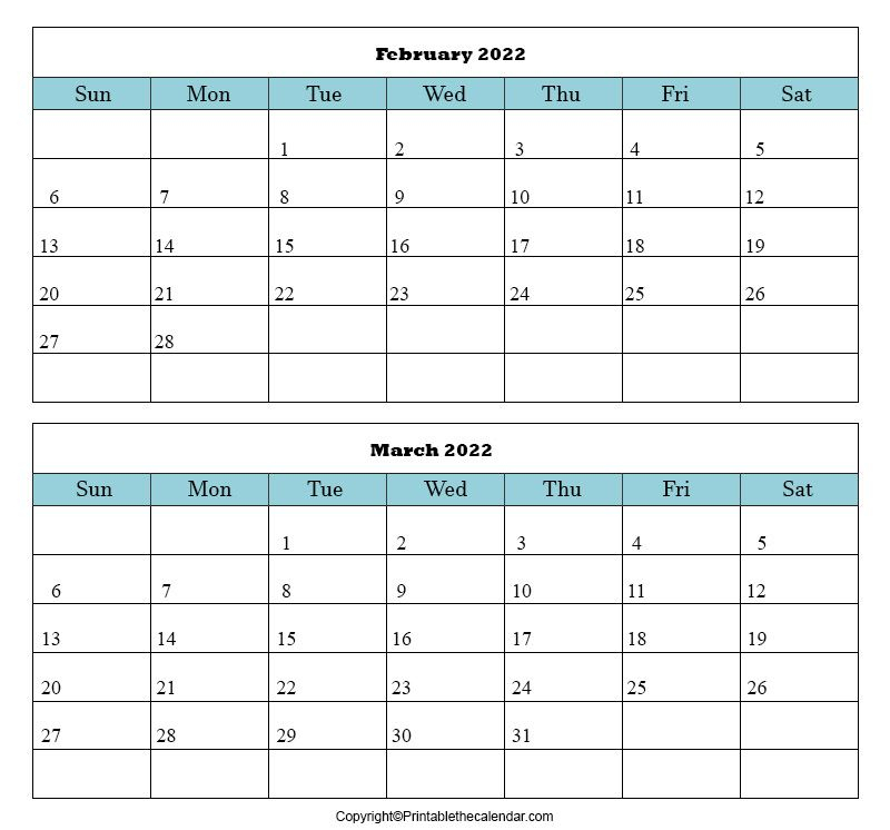 February March 2022 Blank Calendar | Printable The Calendar