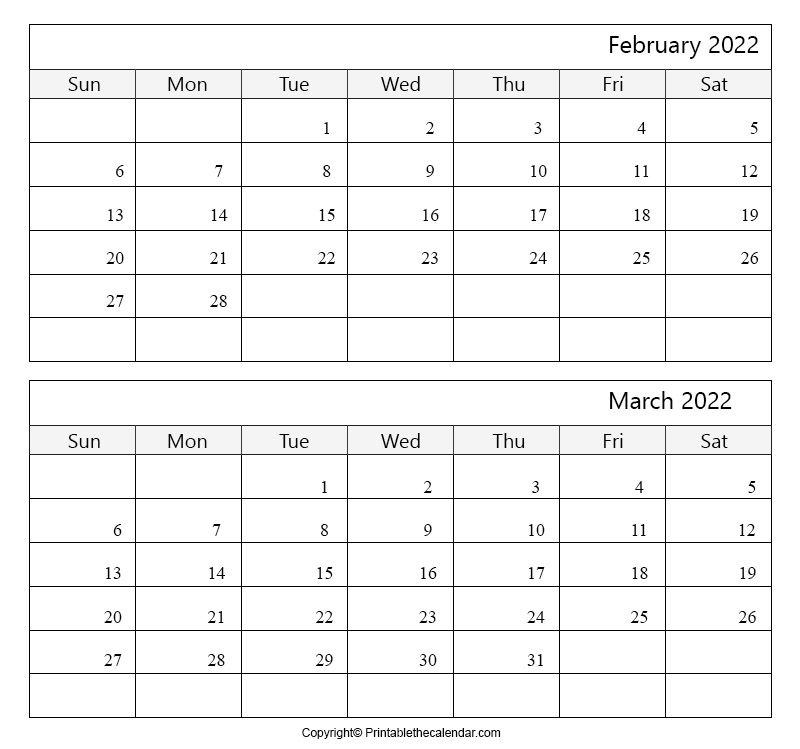 February March 2022 Calendar [Free Printable Template]