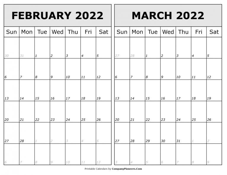 February March 2022 Calendar Printable - Template