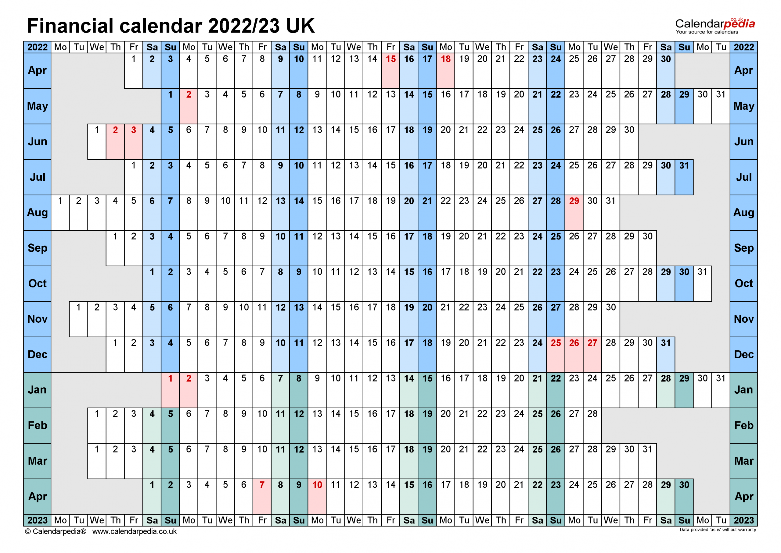 Financial Calendars 2022/23 Uk In Microsoft Word Format