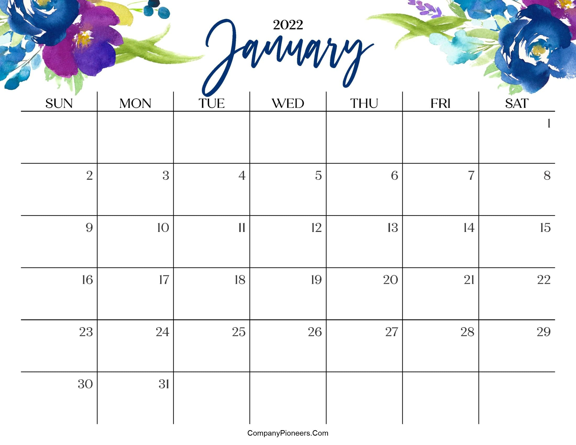 Floral January 2022 Calendar Templates - Printable 2021
