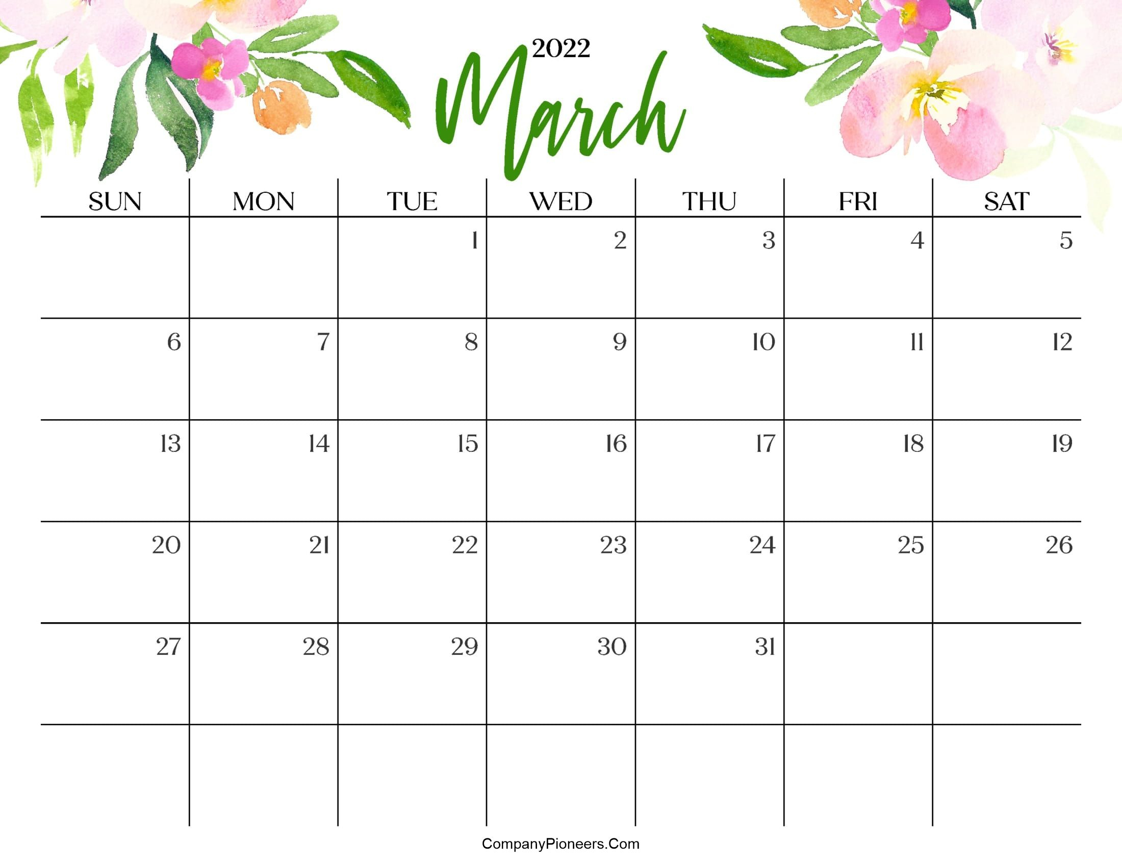 Календарь на март 2024 года Universal Printable Calendar 2022 Flowers - Get Your Calendar Printable