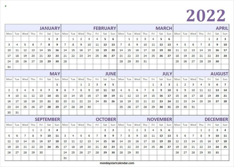 Free 2022 Calendar Monday Start | Printable Calendar Jan