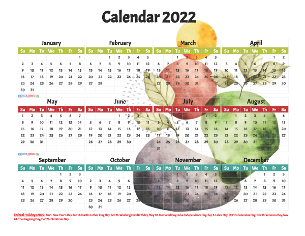 Free 2022 Printable Yearly Calendar With Holidays 12