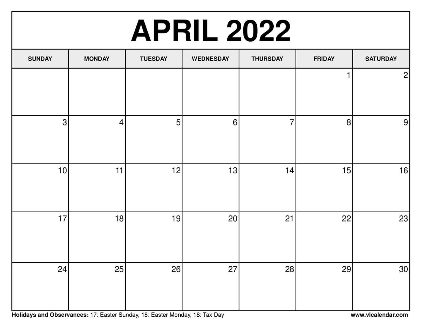 Free April 2022 Calendar