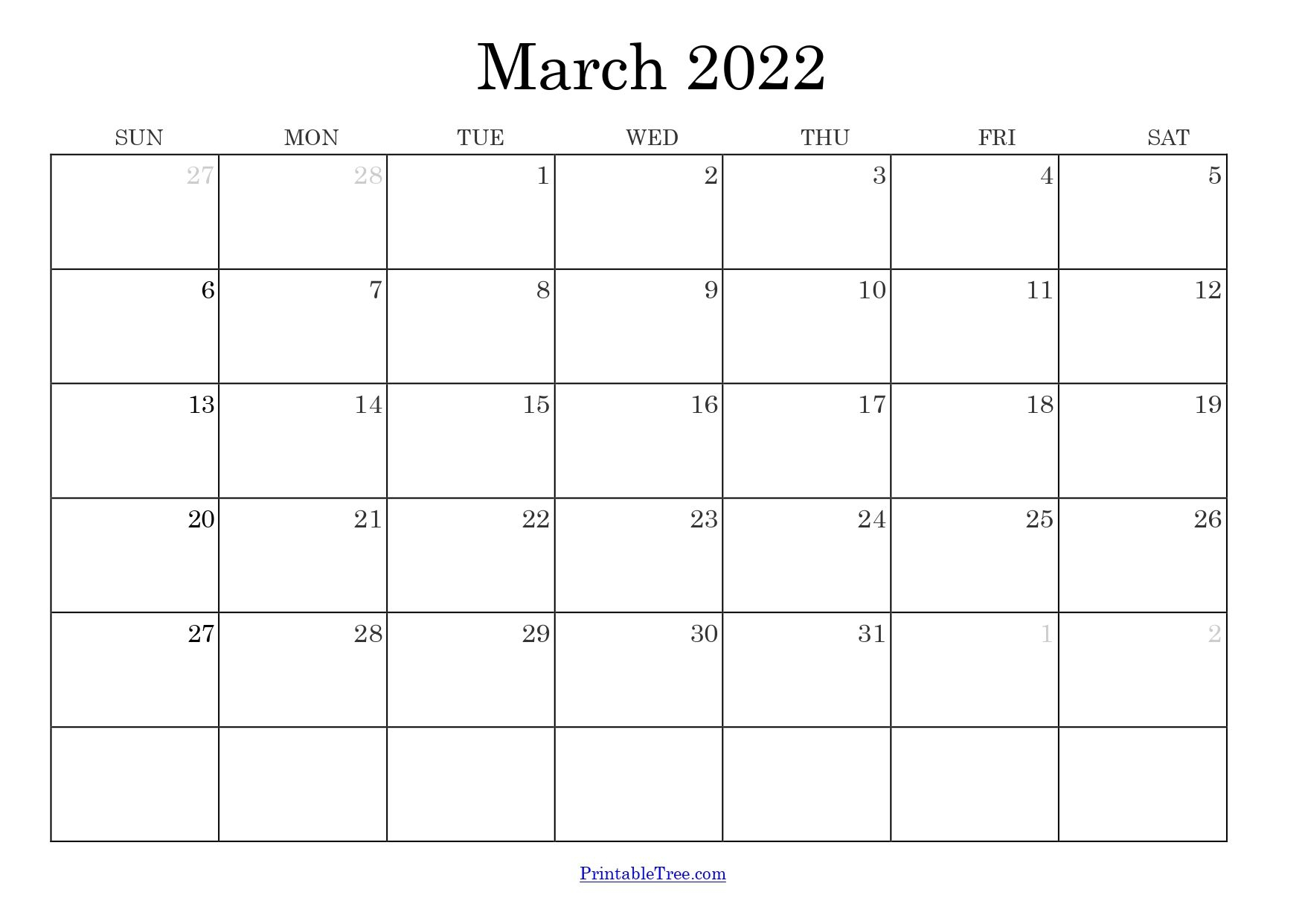 Free Download Blank Printable Calendar March 2022 Pdf