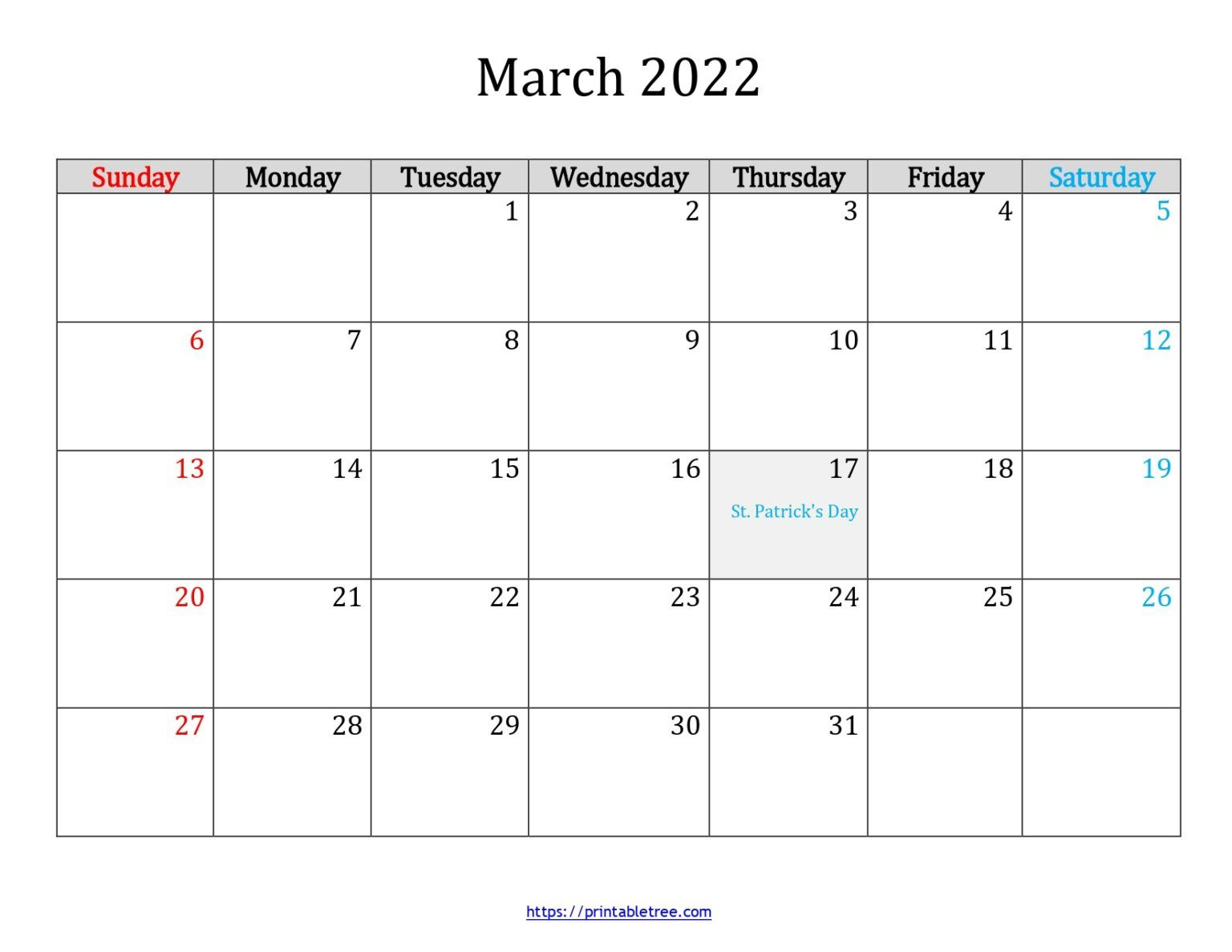 Free Download Blank Printable Calendar March 2022 Pdf