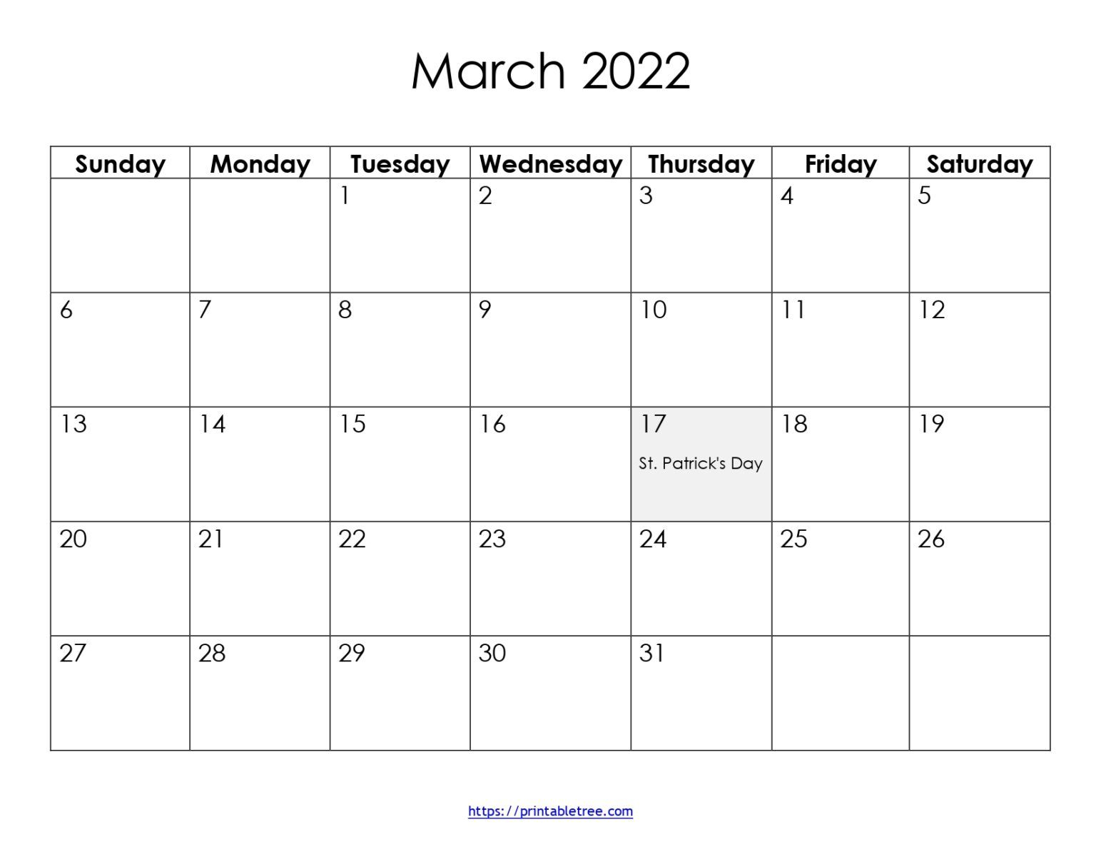 Free Download Blank Printable Calendar March 2022 Pdf