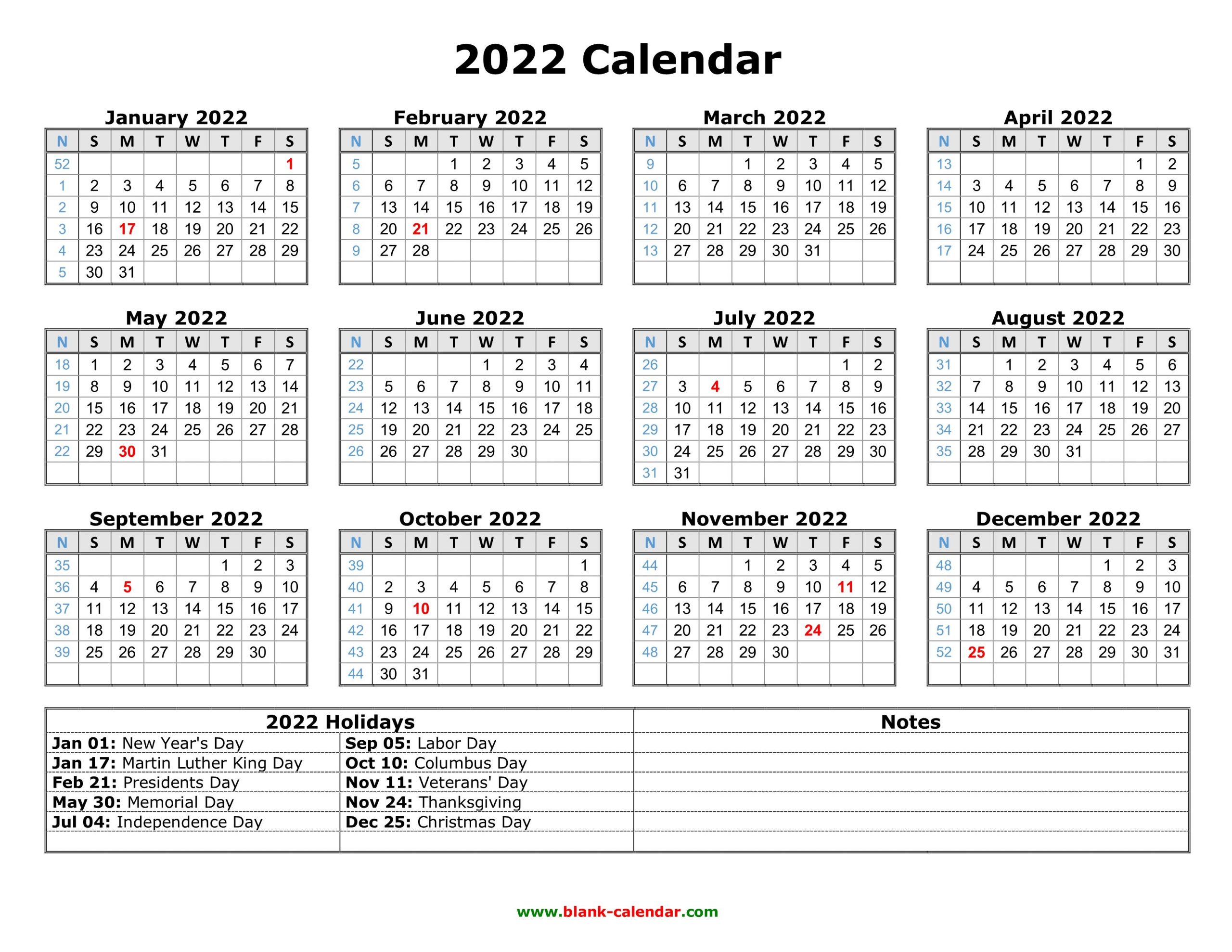 Free Download Printable Calendar 2022 With Us Federal