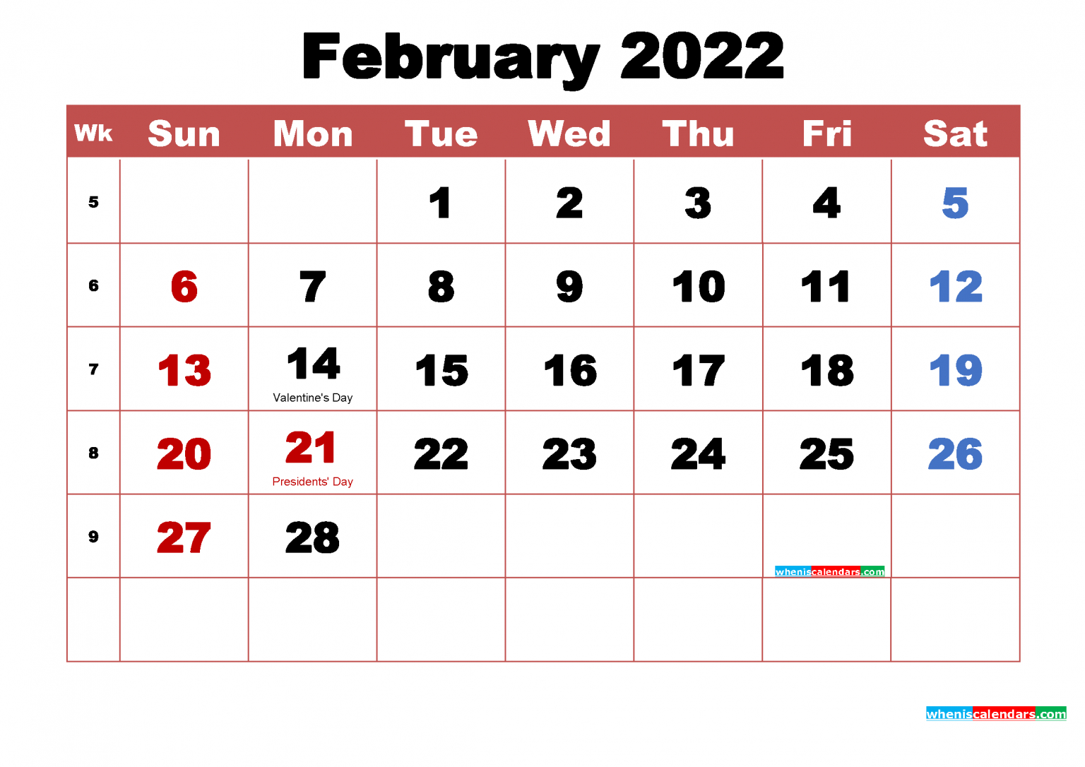 Free February 2022 Calendar With Holidays Printable