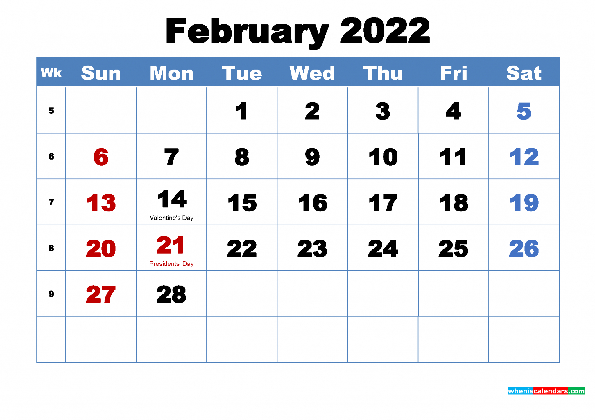 Free February 2022 Calendar With Holidays Printable