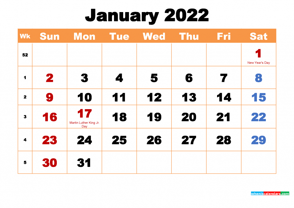 Free January 2022 Calendar With Holidays Printable Pdf