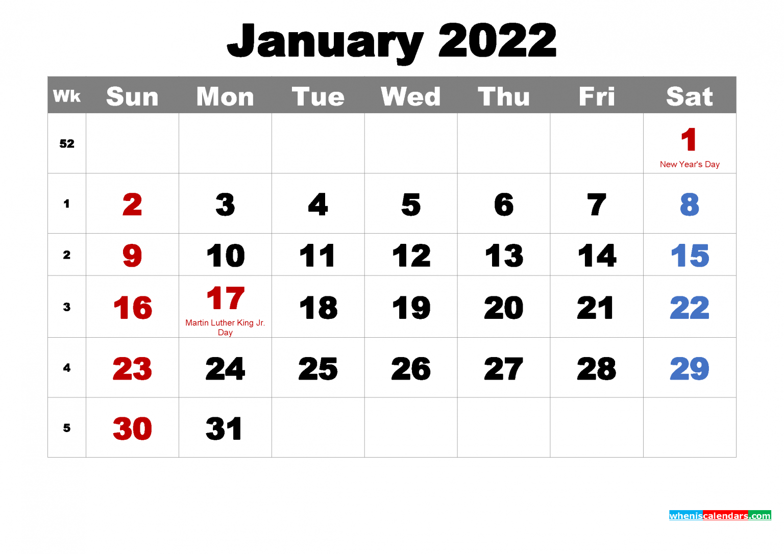 Free January 2022 Calendar With Holidays Printable
