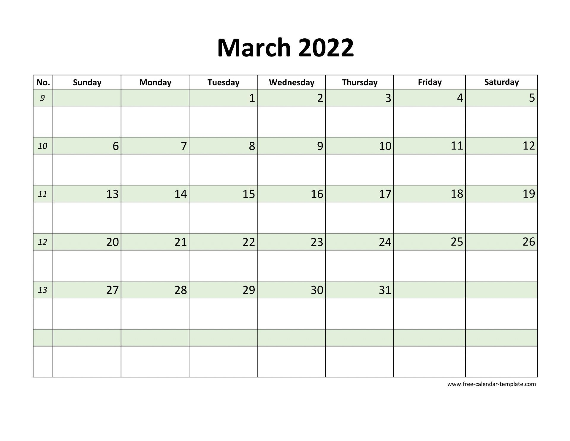 Free March 2022 Calendar Coloring On Each Day Horizontal