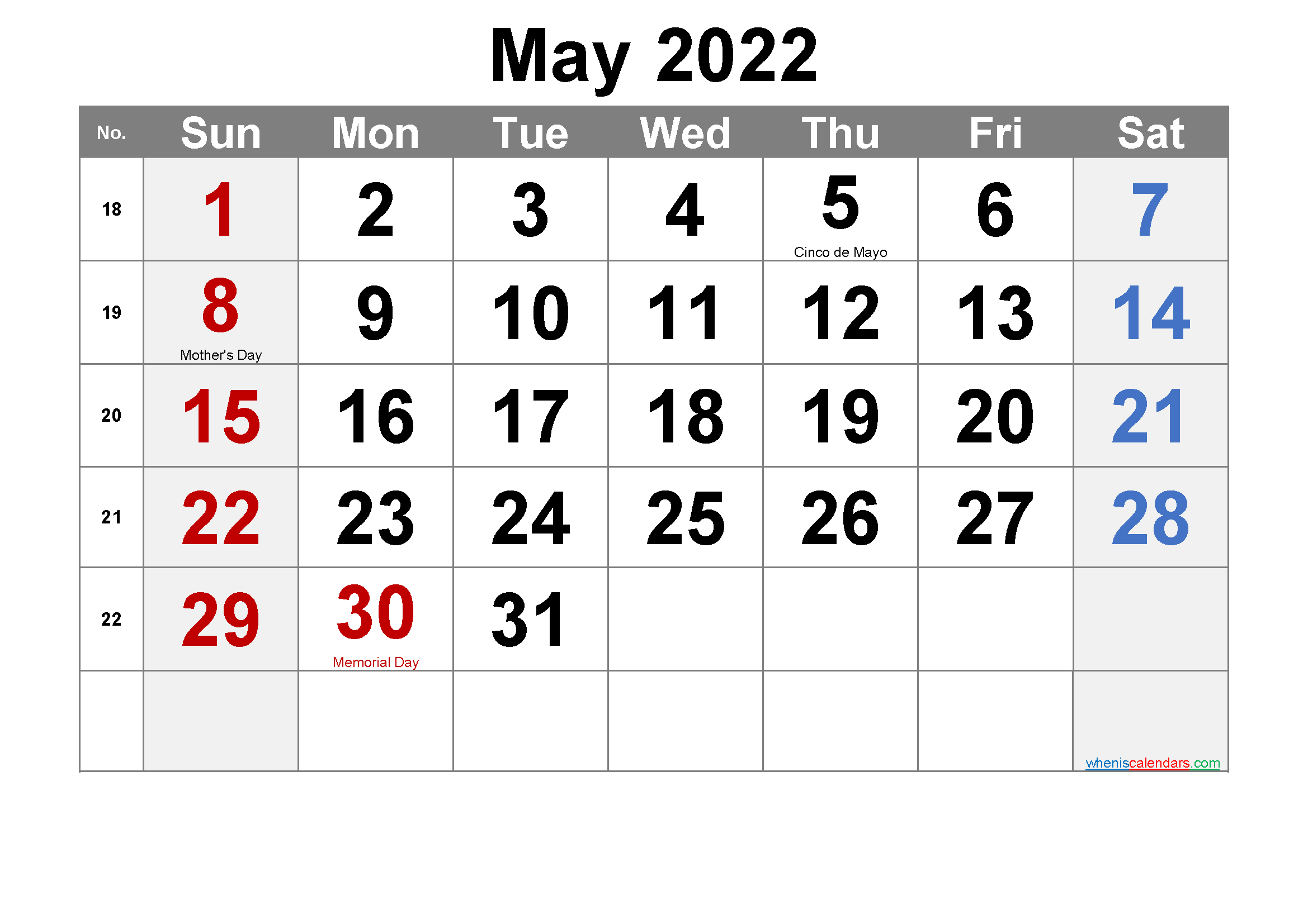 Universal January 2022 Printable Calendar Landscape