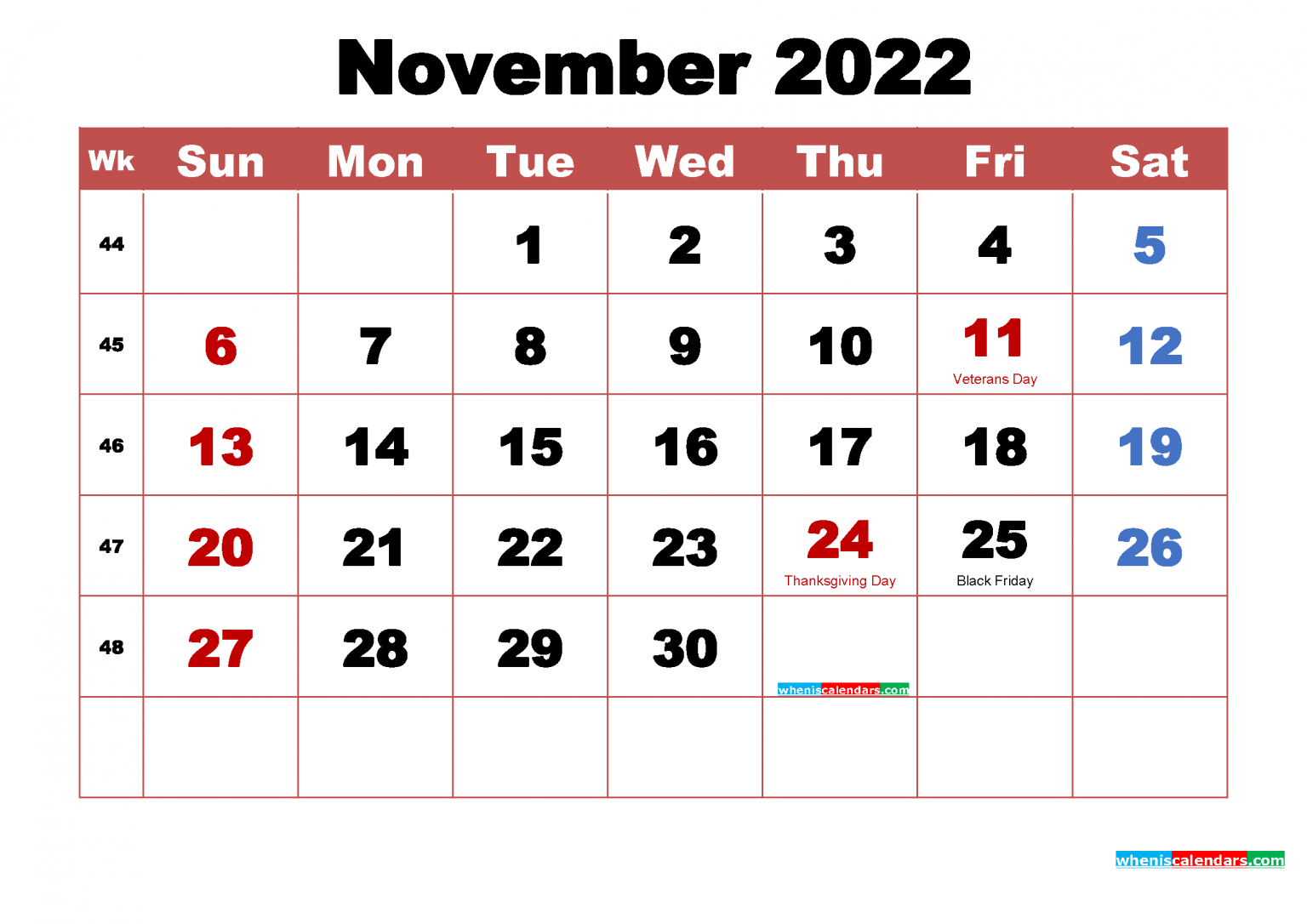 Free November 2022 Calendar With Holidays Printable