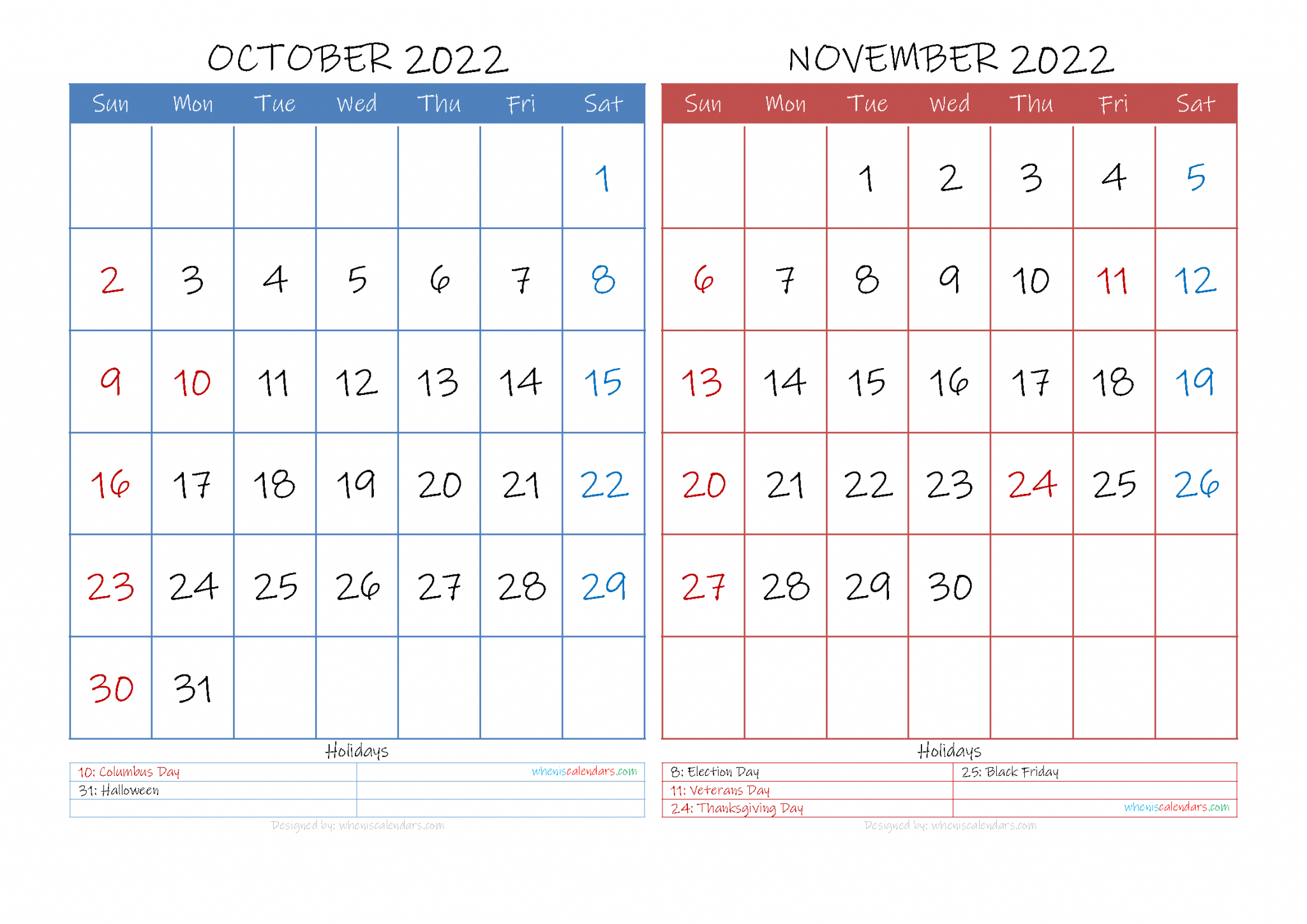 Free October November 2022 Calendar Printable Pdf