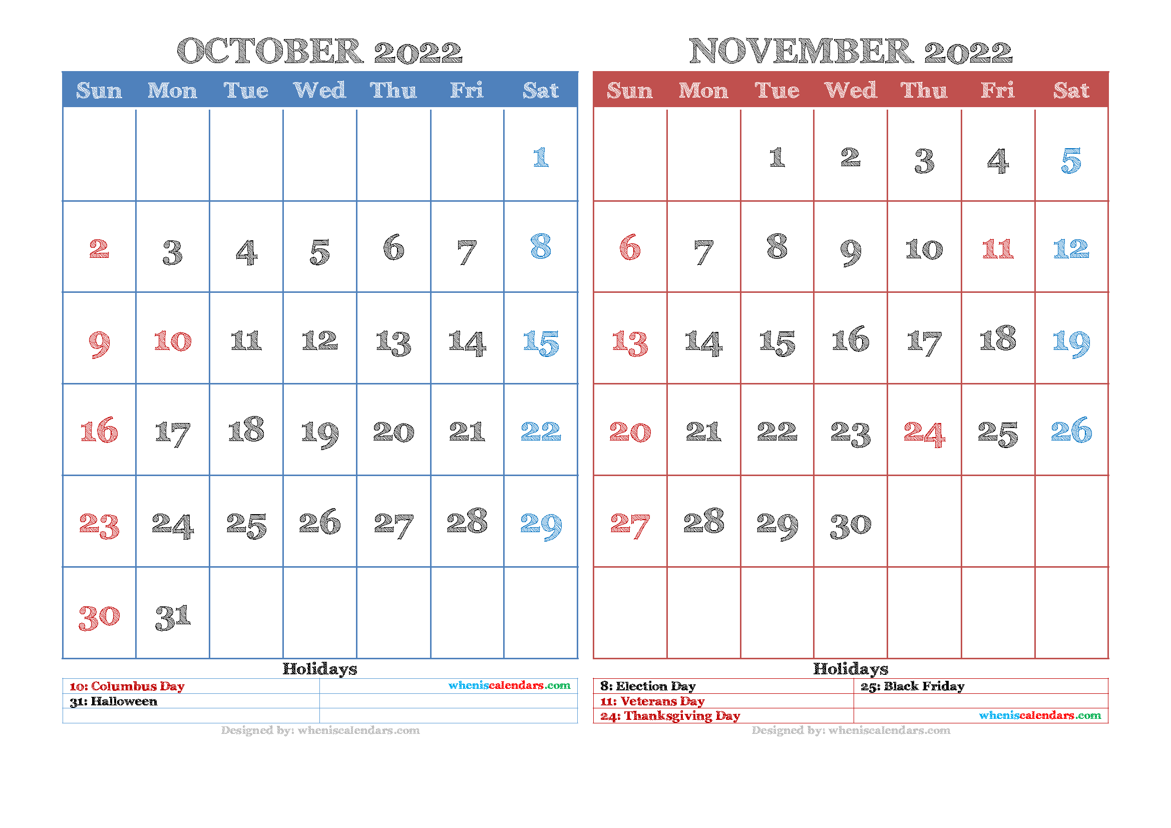 Free October November 2022 Calendar Printable Pdf