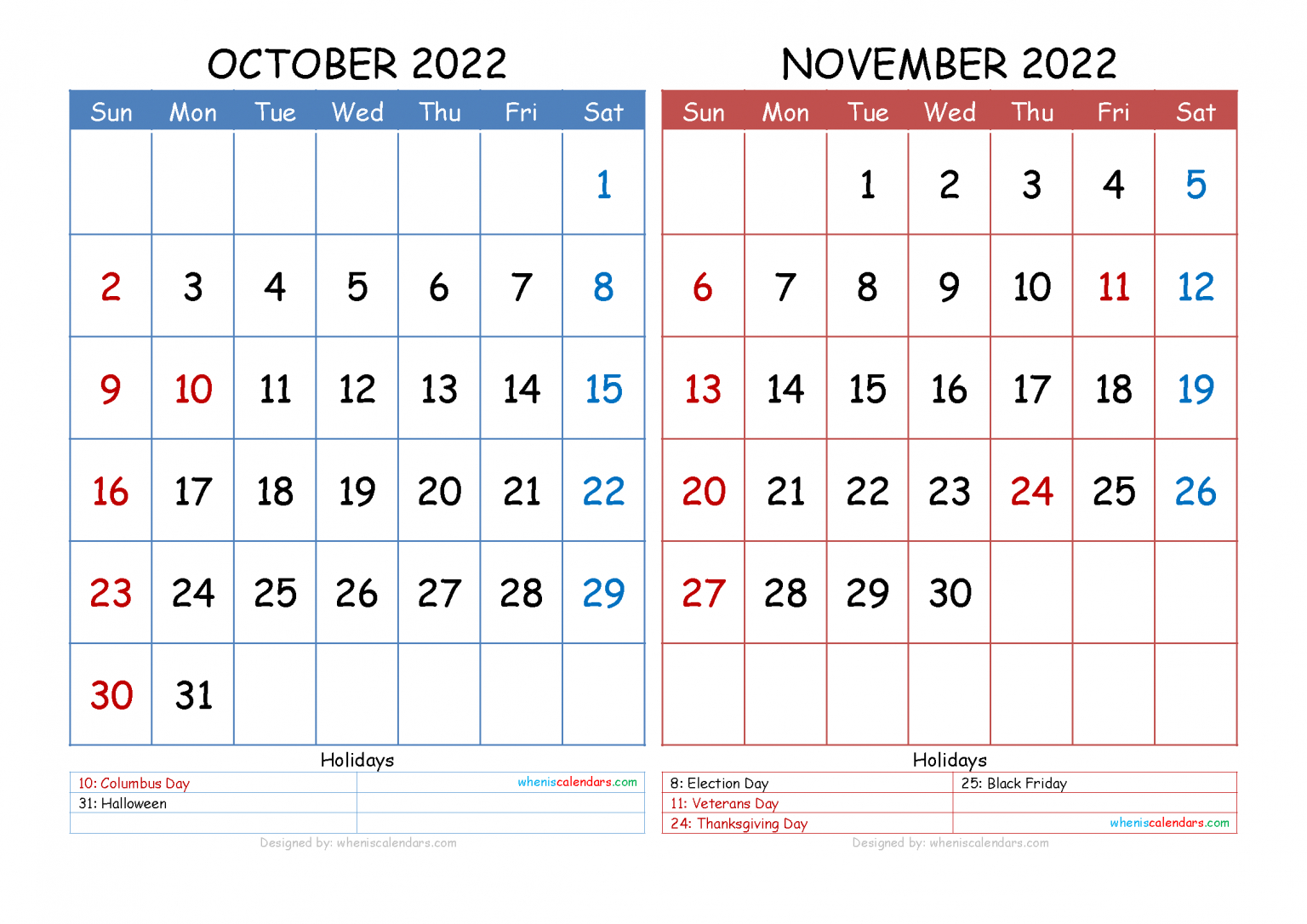 Free October November 2022 Calendar Printable Pdf