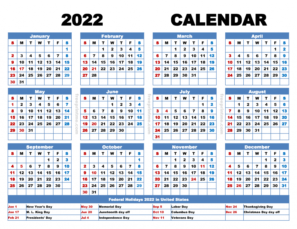 Free Printable 2022 Calendar With Holidays Pdf, Png