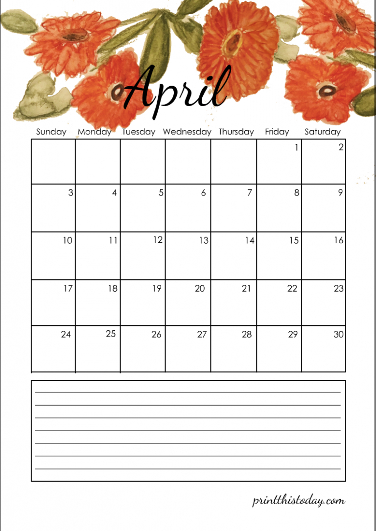 Free Printable 2022 Floral Calendar