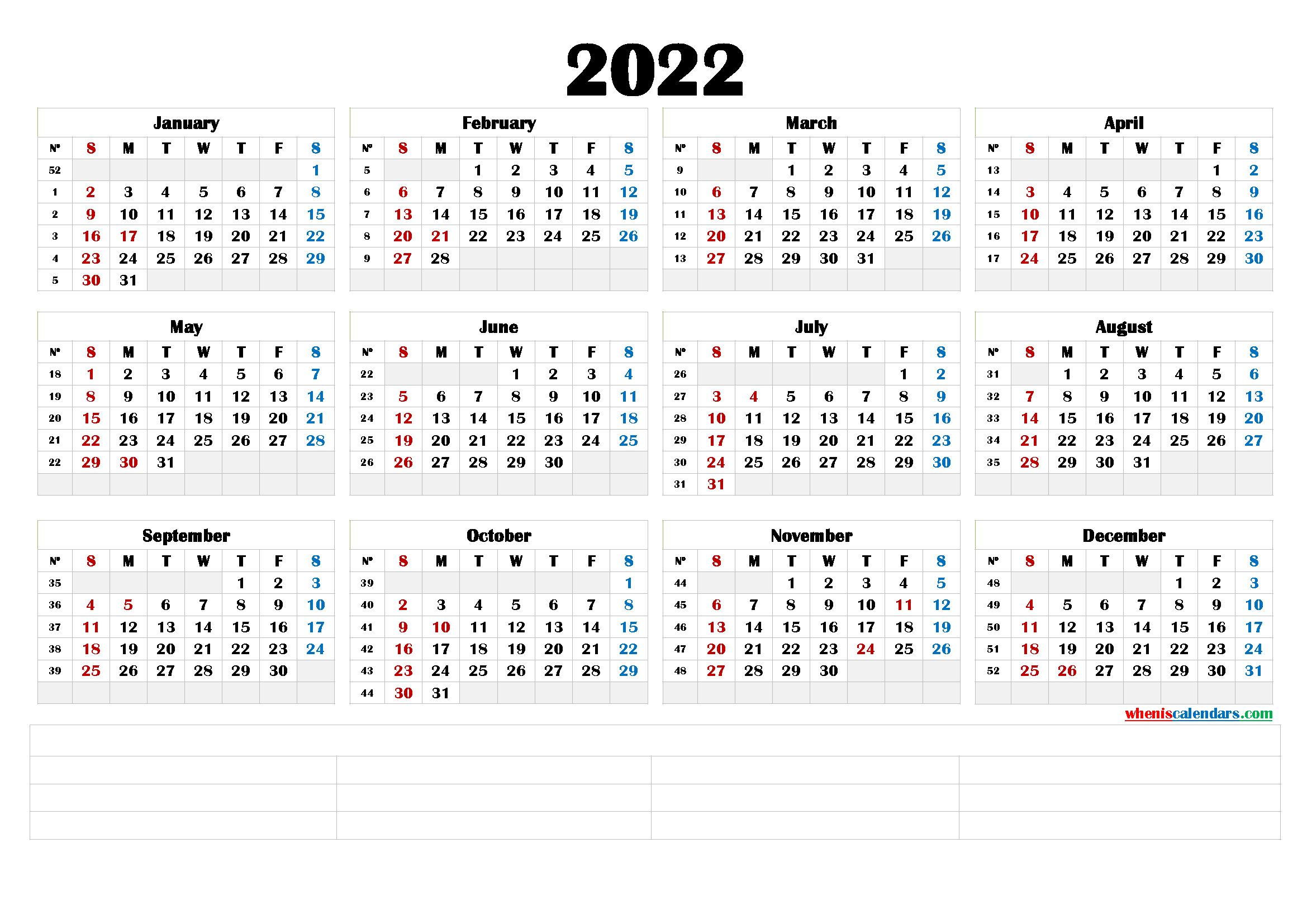 Free Printable 2022 Yearly Calendar (6 Templates)