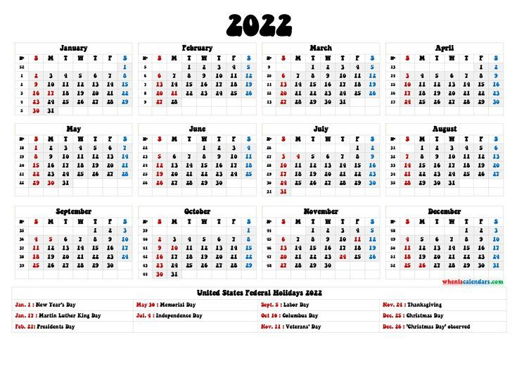 Free Printable 2022 Yearly Calendar With Holidays - 6