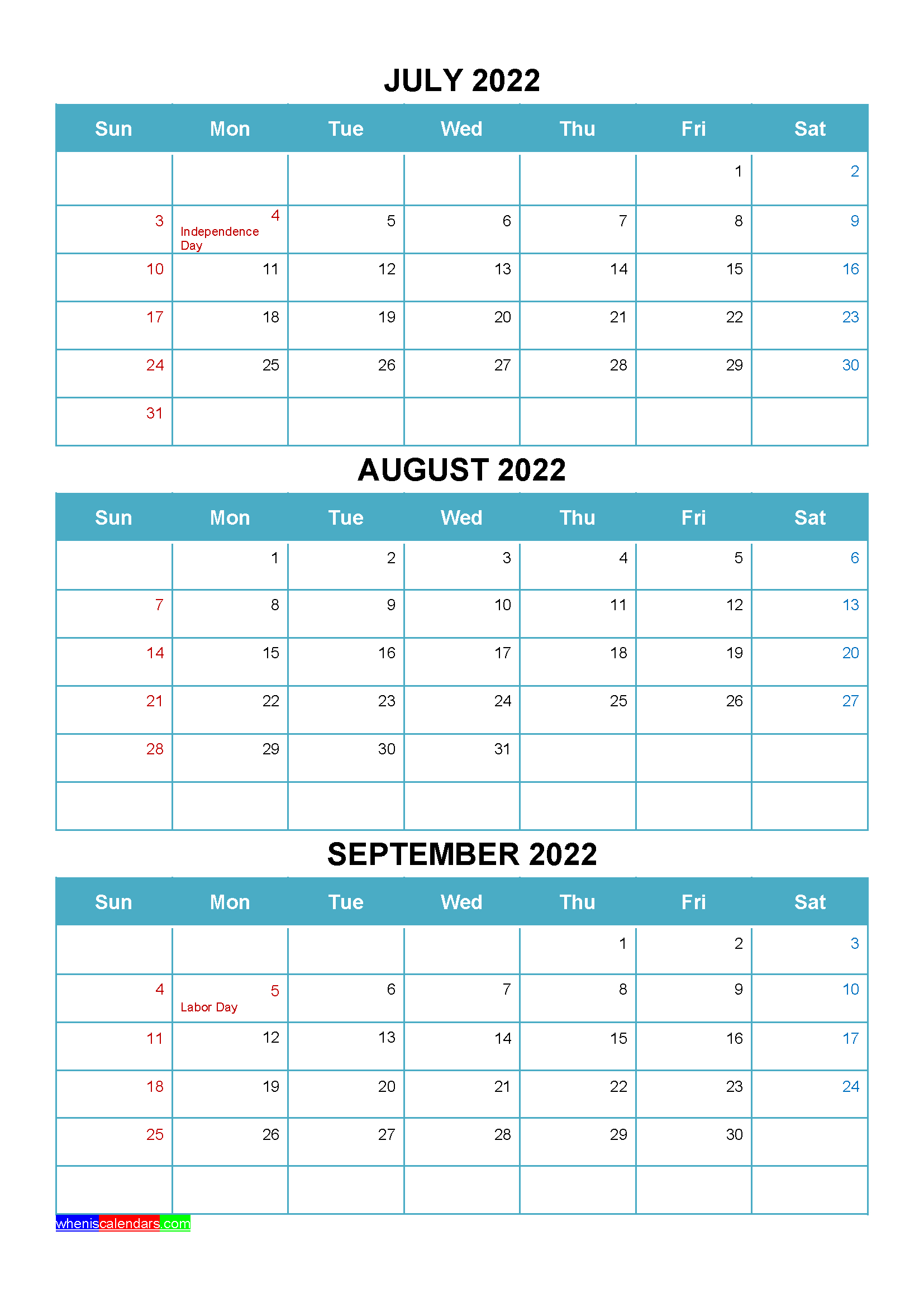 Free Printable 3 Month Calendar 2022 (Vertical Design)