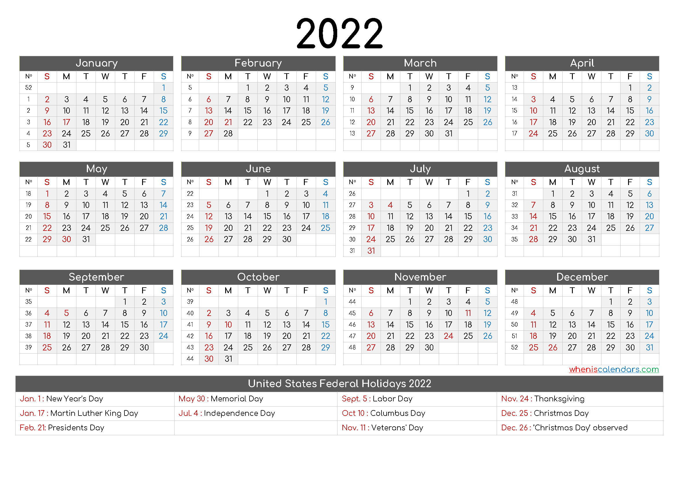 Free Printable Calendar 2022 - 9 Templates