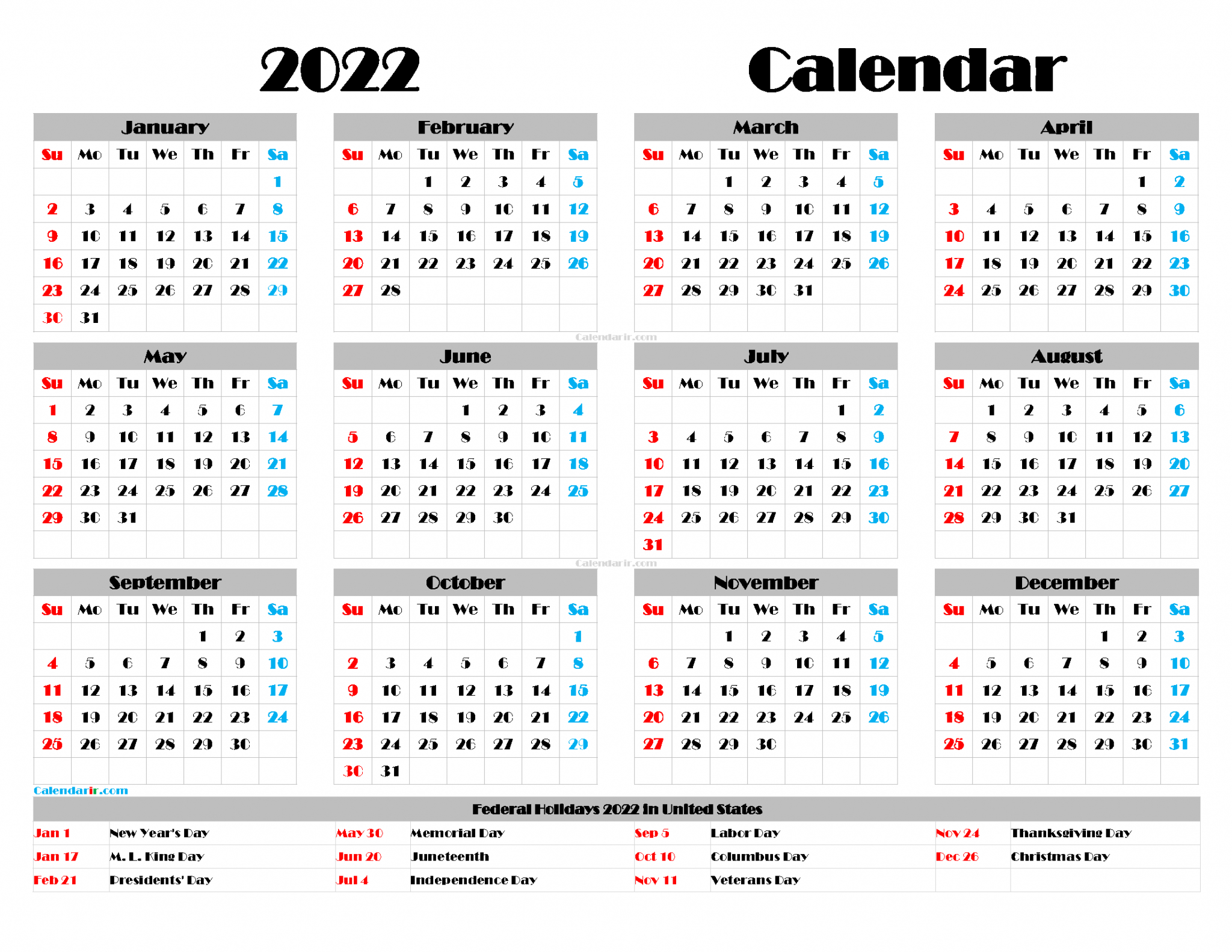 Free Printable Calendar Templates 2022 Pdf, Png