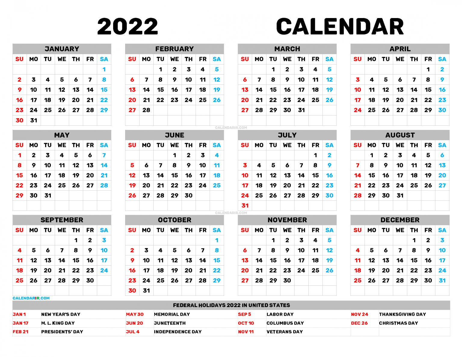 Free Printable Calendar Templates 2022 Pdf, Png