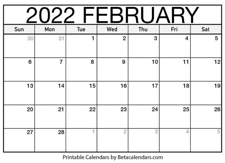 Free Printable February 2022 Calendar