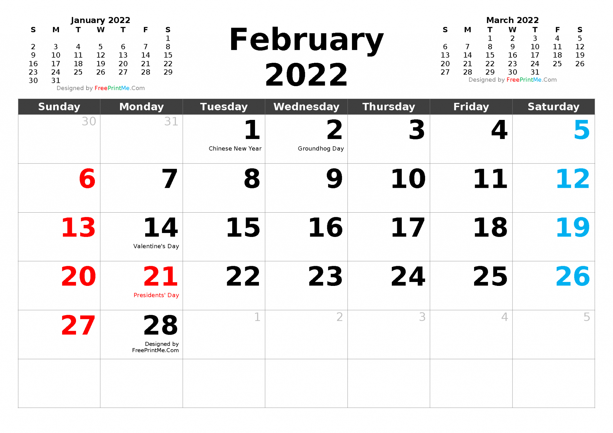Free Printable February 2022 Calendar With Holidays Pdf, Png