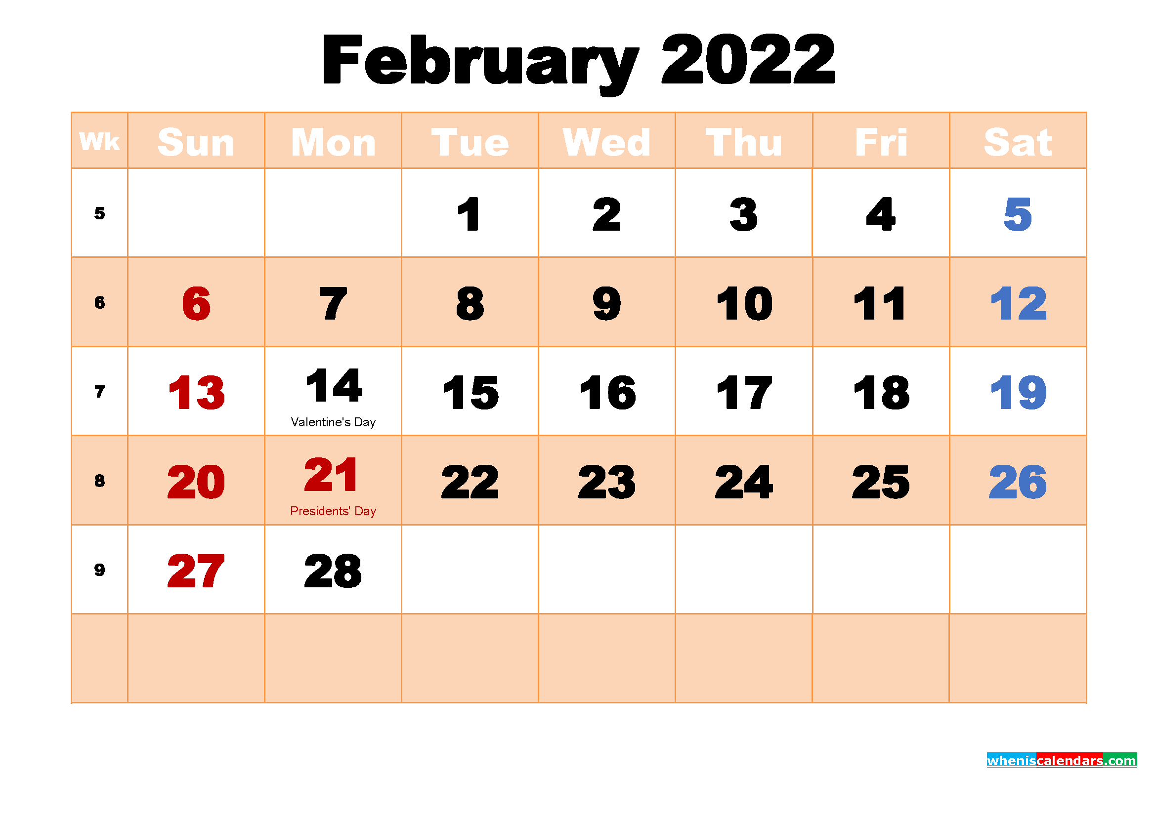 Free Printable February 2022 Calendar With Holidays