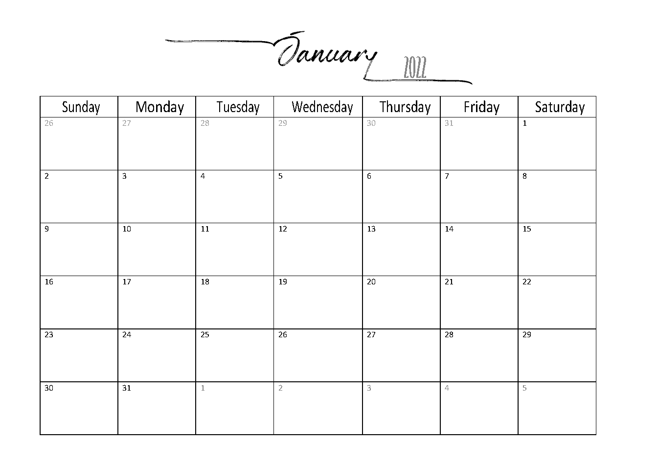 Best Printable Calendar January 2022 Excel