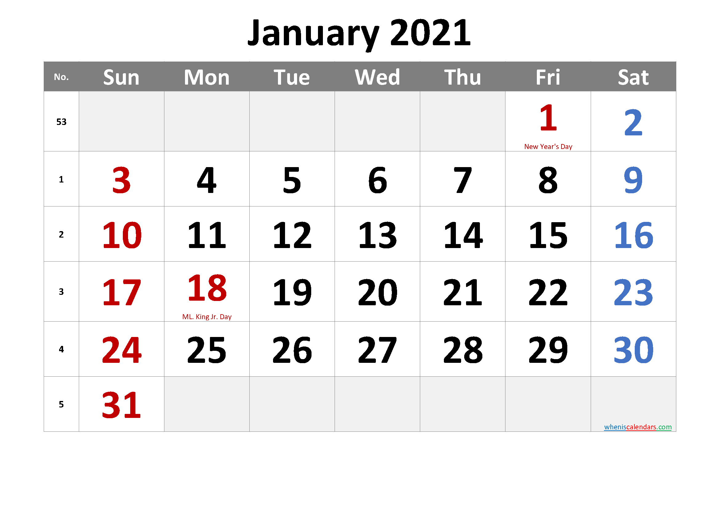 Free Printable January 2021 Calendar With Holidays