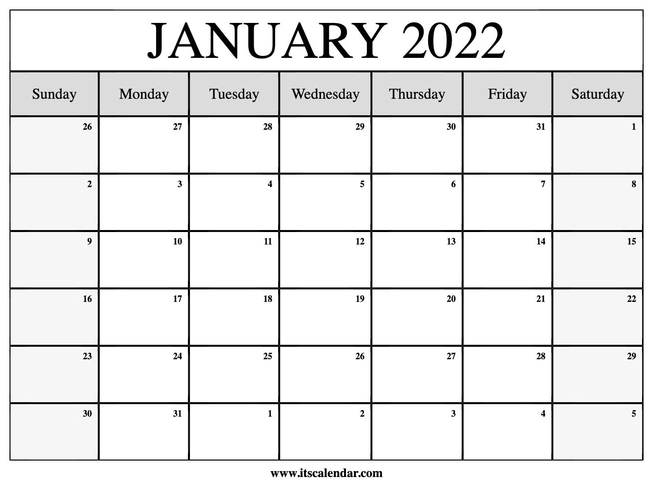 Free Printable January 2022 Calendar