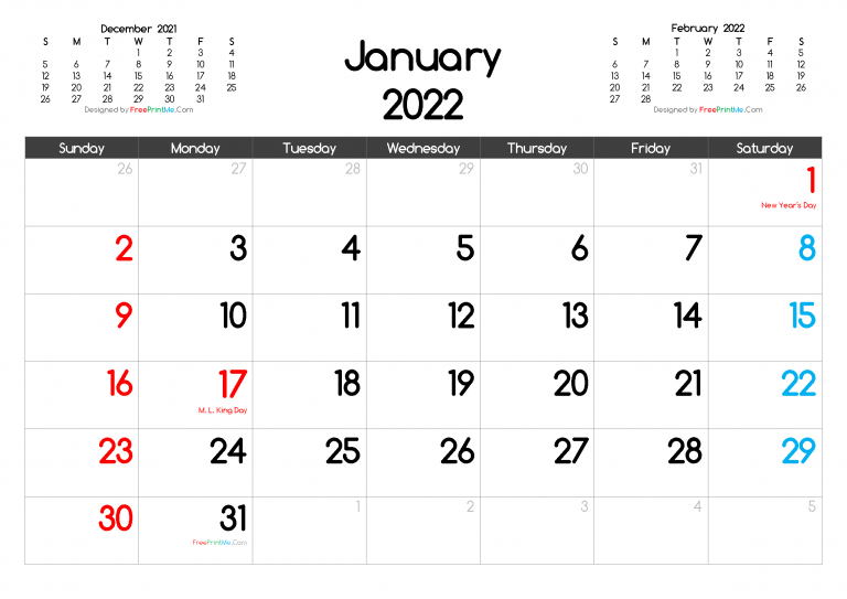 Free Printable January 2022 Calendar Pdf Png Image