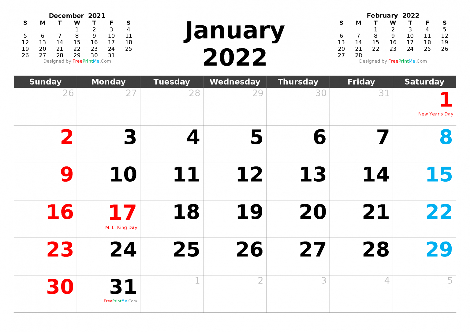 Free Printable January 2022 Calendar Pdf Png Image