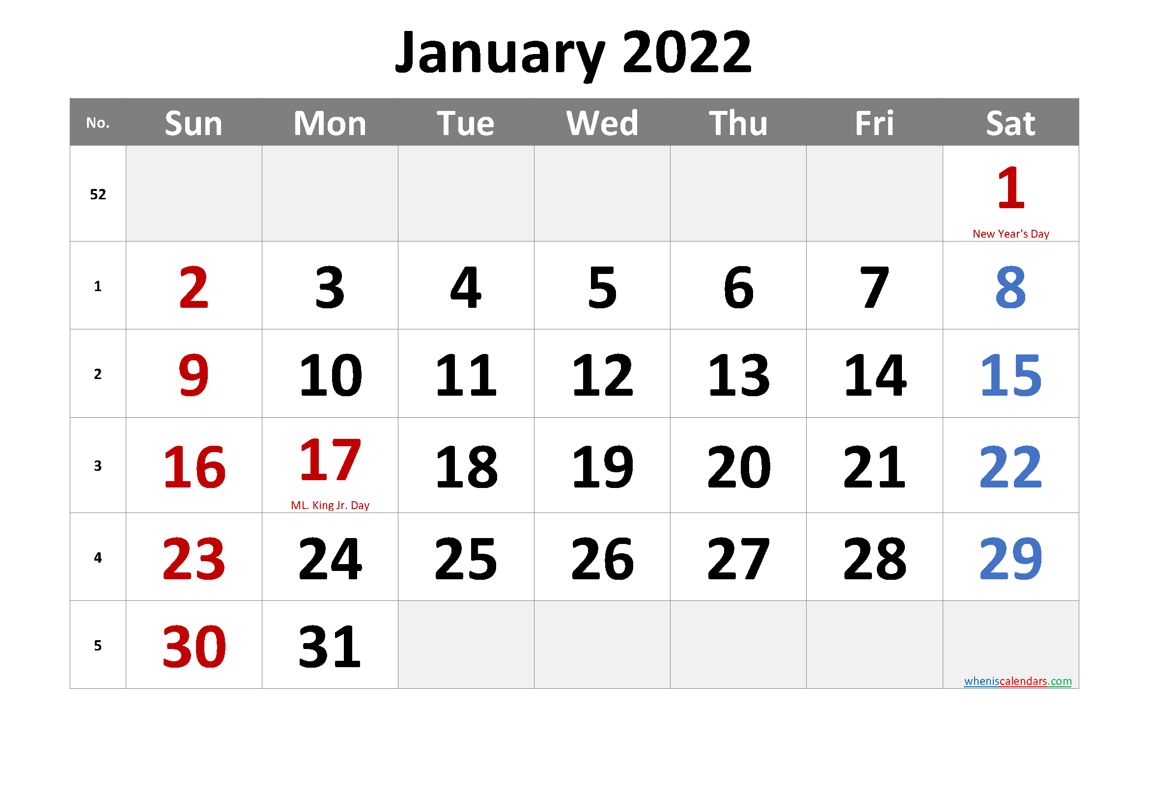 Free Printable January 2022 Calendar With Holidays