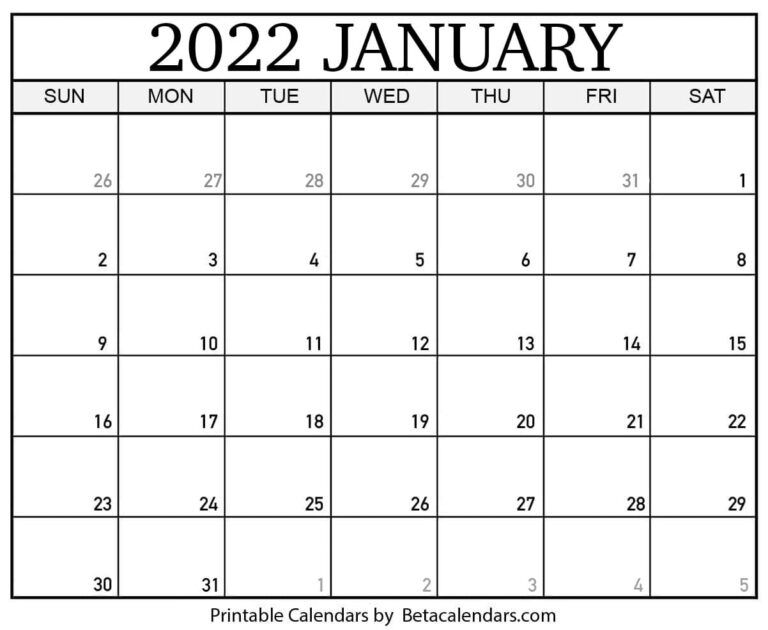 Free Printable January 2022 Calendar