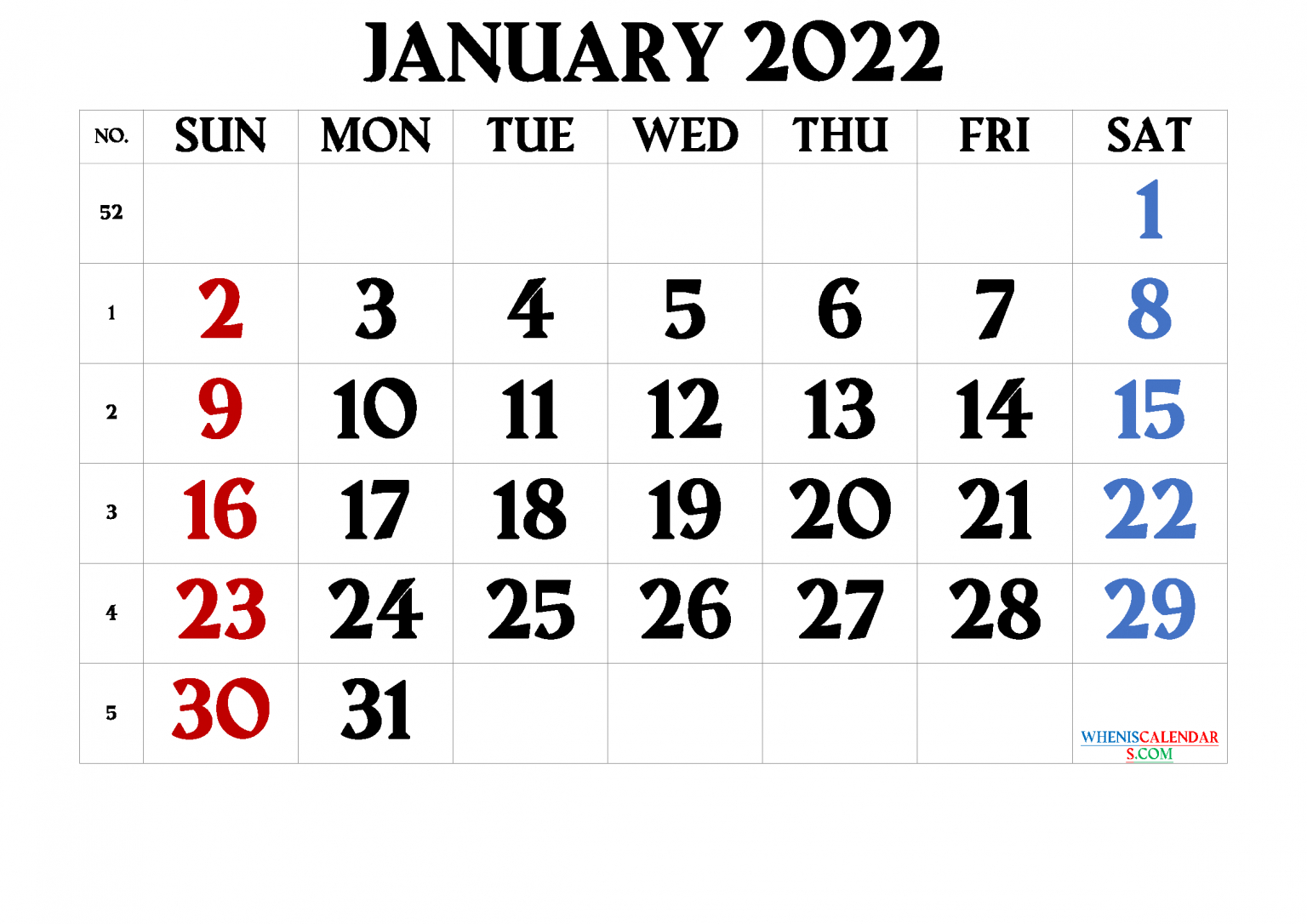 Free Printable January 2022 Calendar