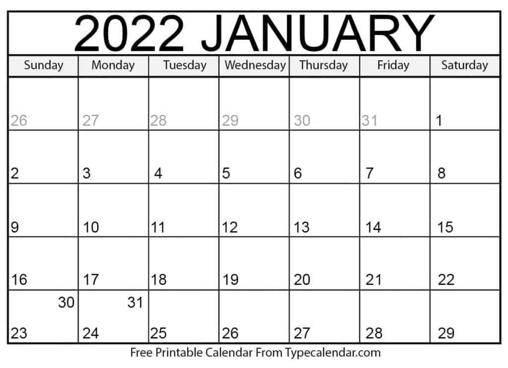 Free Printable January 2022 Calendars