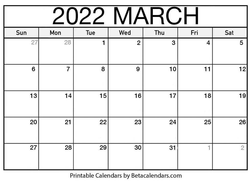 Free Printable March 2022 Calendar