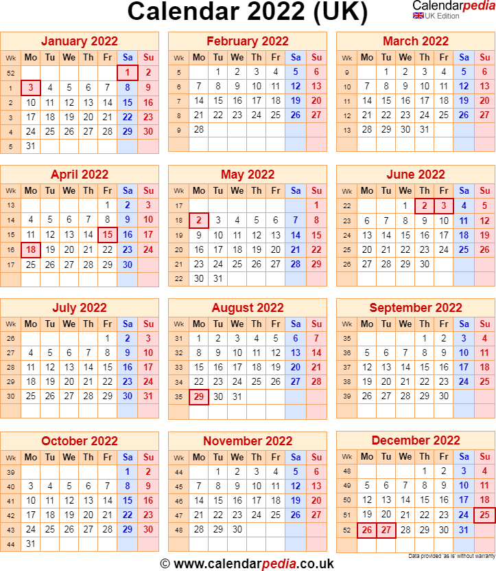 Free Printable Monthly Calendar 2022 Uk