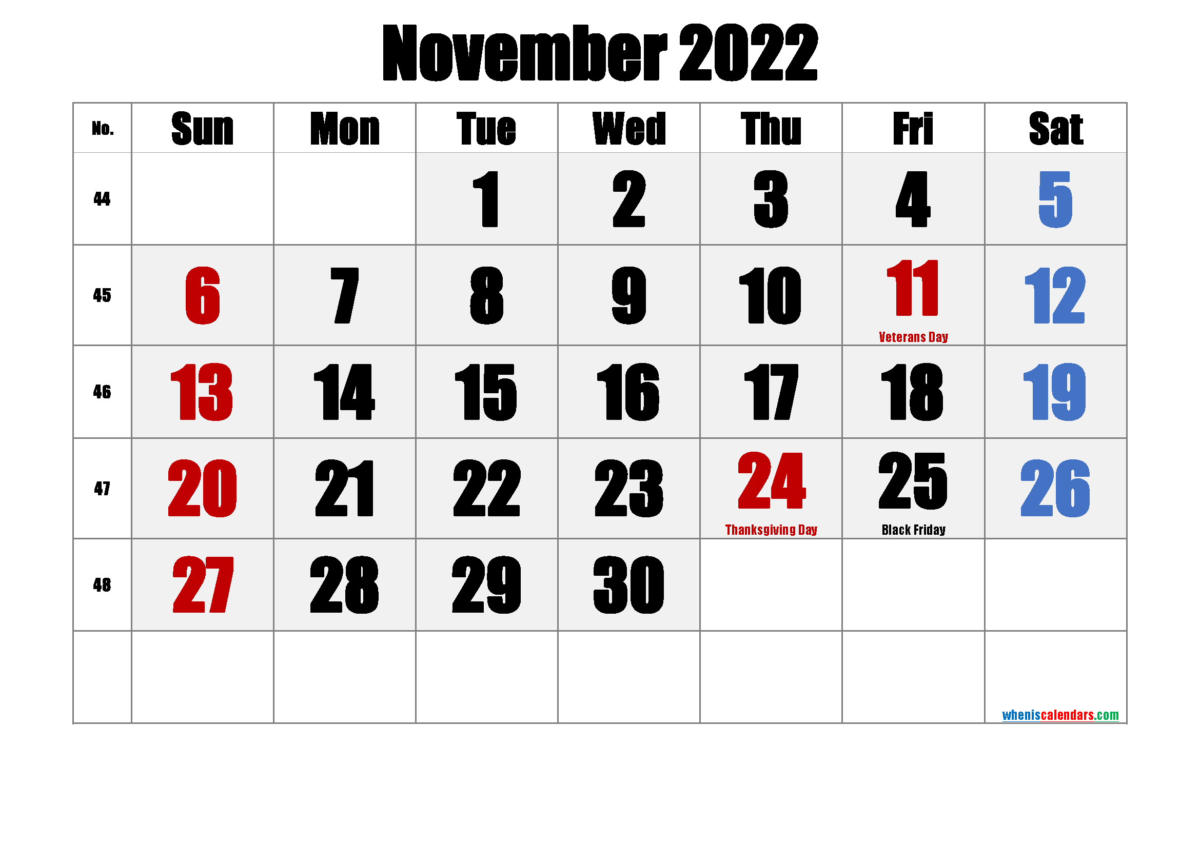 Universal Free Printable Calendar 2022 November